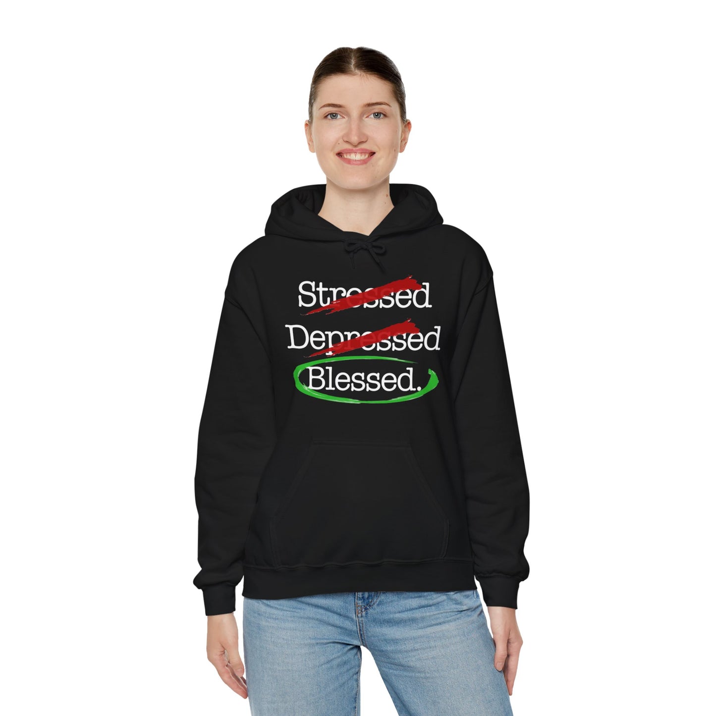 Stressed, Depressed, Blessed (Black) - Unisex Heavy Blend™ Hooded Sweatshirt