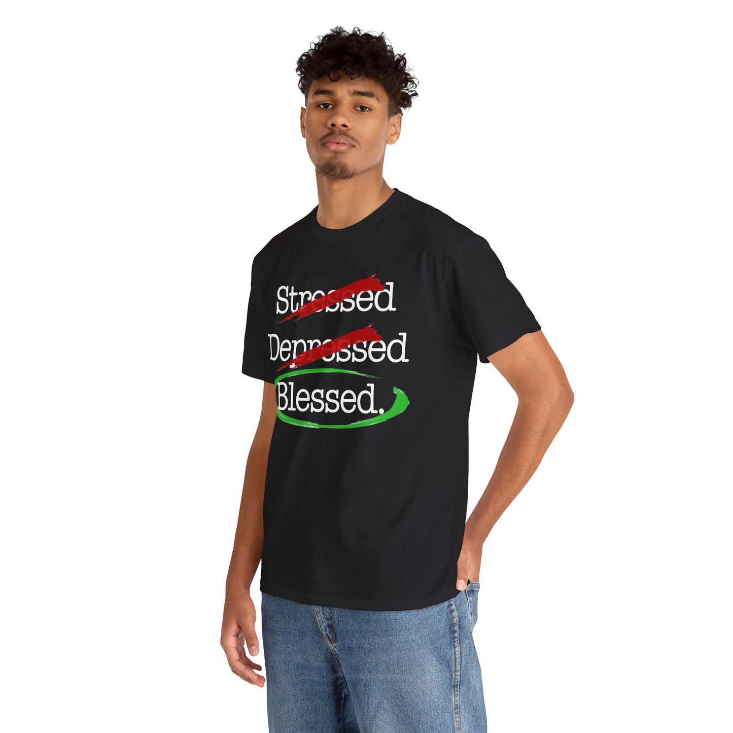 Stressed, Depressed, Blessed (Black) - Unisex Heavy Cotton Tee