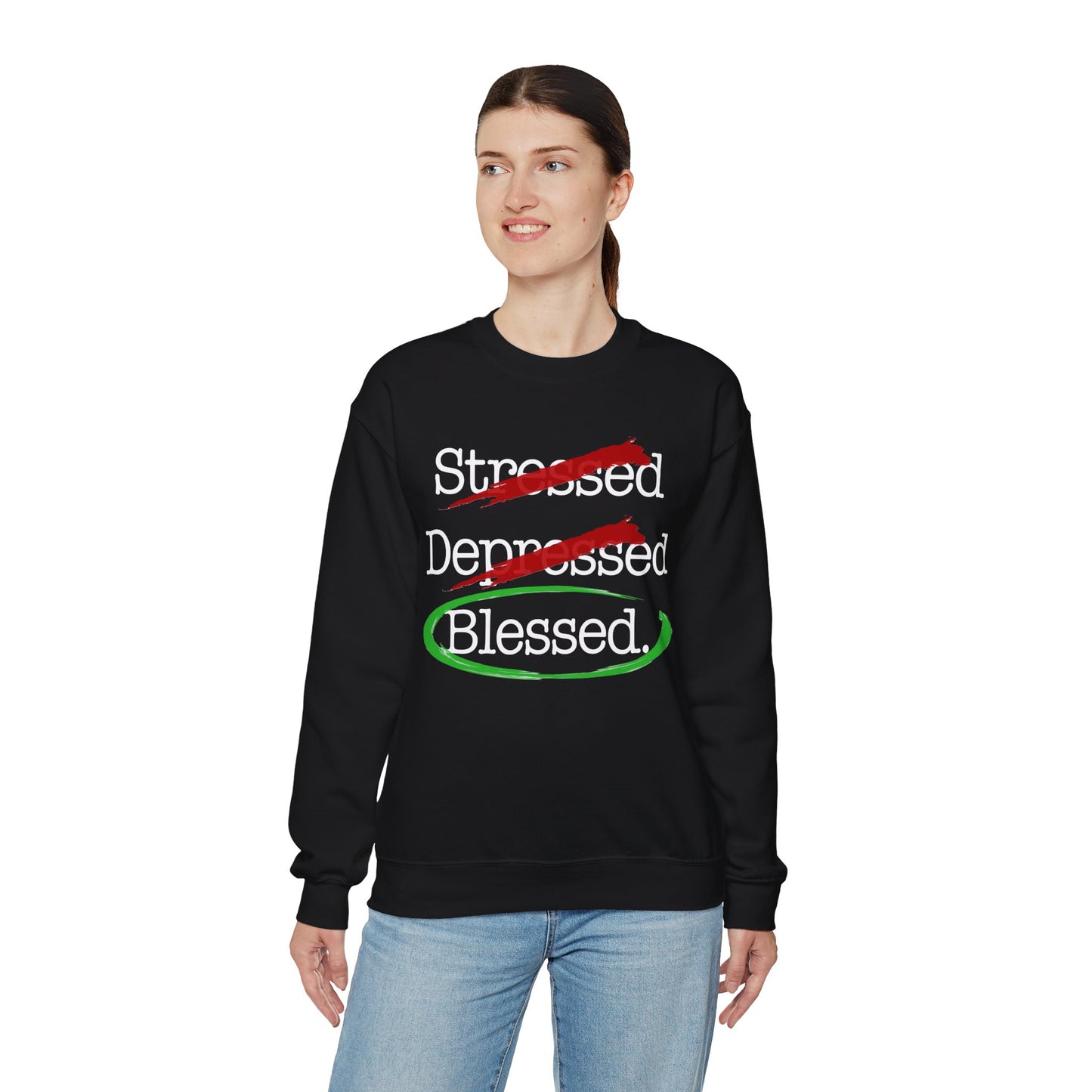 Stressed, Depressed, Blessed (Black) - Unisex Heavy Blend™ Crewneck Sweatshirt