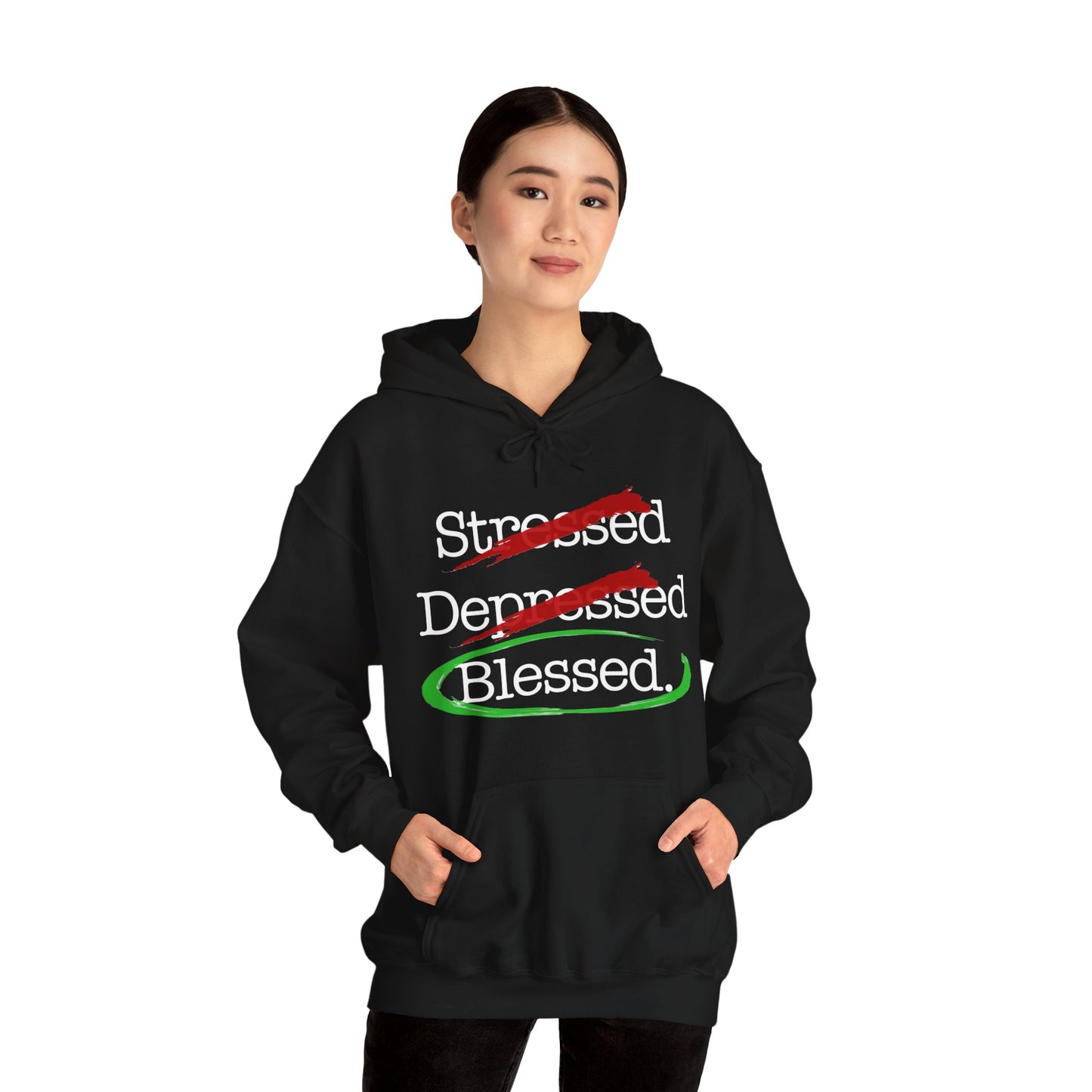 Stressed, Depressed, Blessed (Black) - Unisex Heavy Blend™ Hooded Sweatshirt