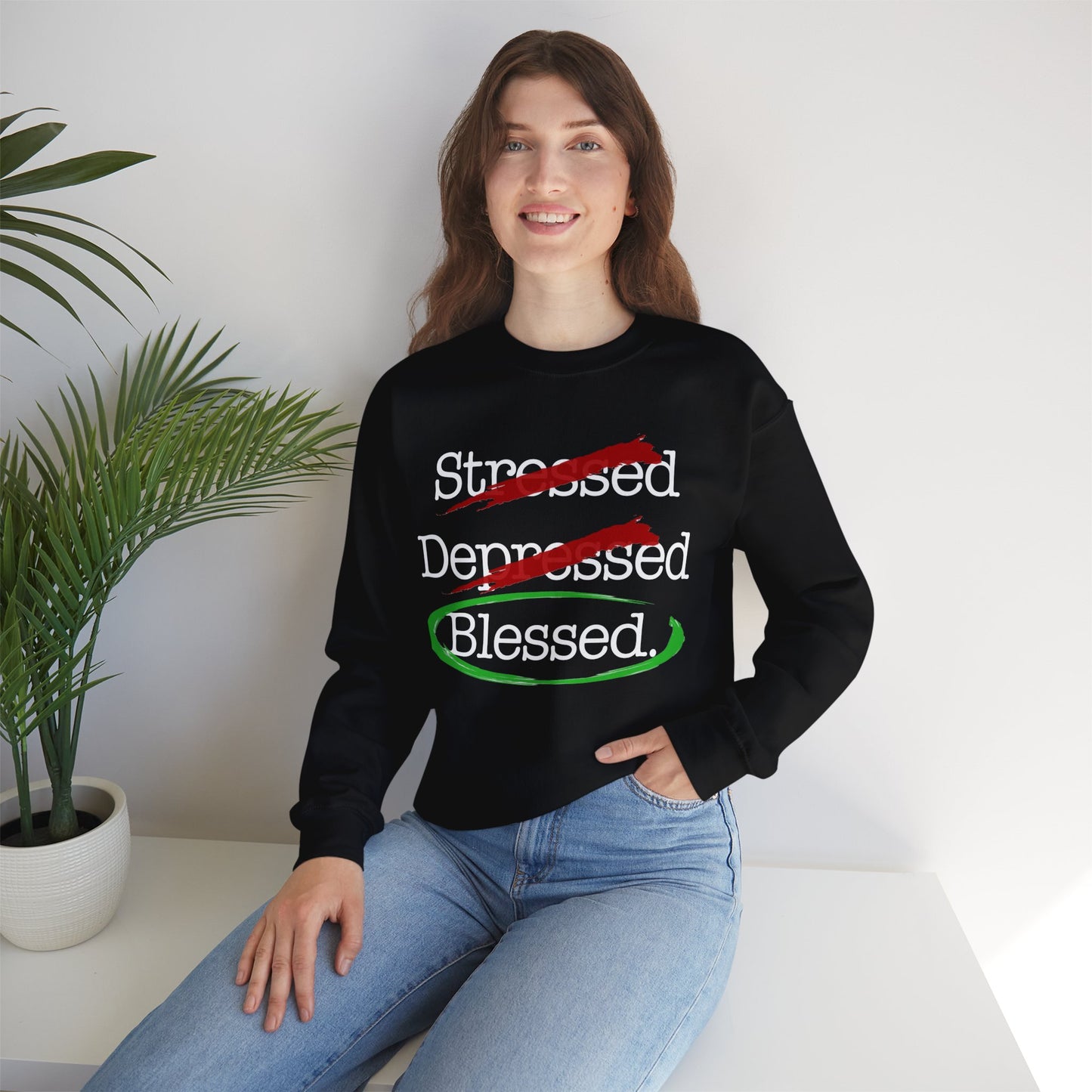 Stressed, Depressed, Blessed (Black) - Unisex Heavy Blend™ Crewneck Sweatshirt