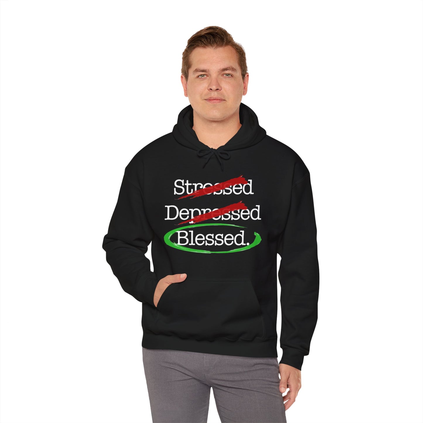 Stressed, Depressed, Blessed (Black) - Unisex Heavy Blend™ Hooded Sweatshirt