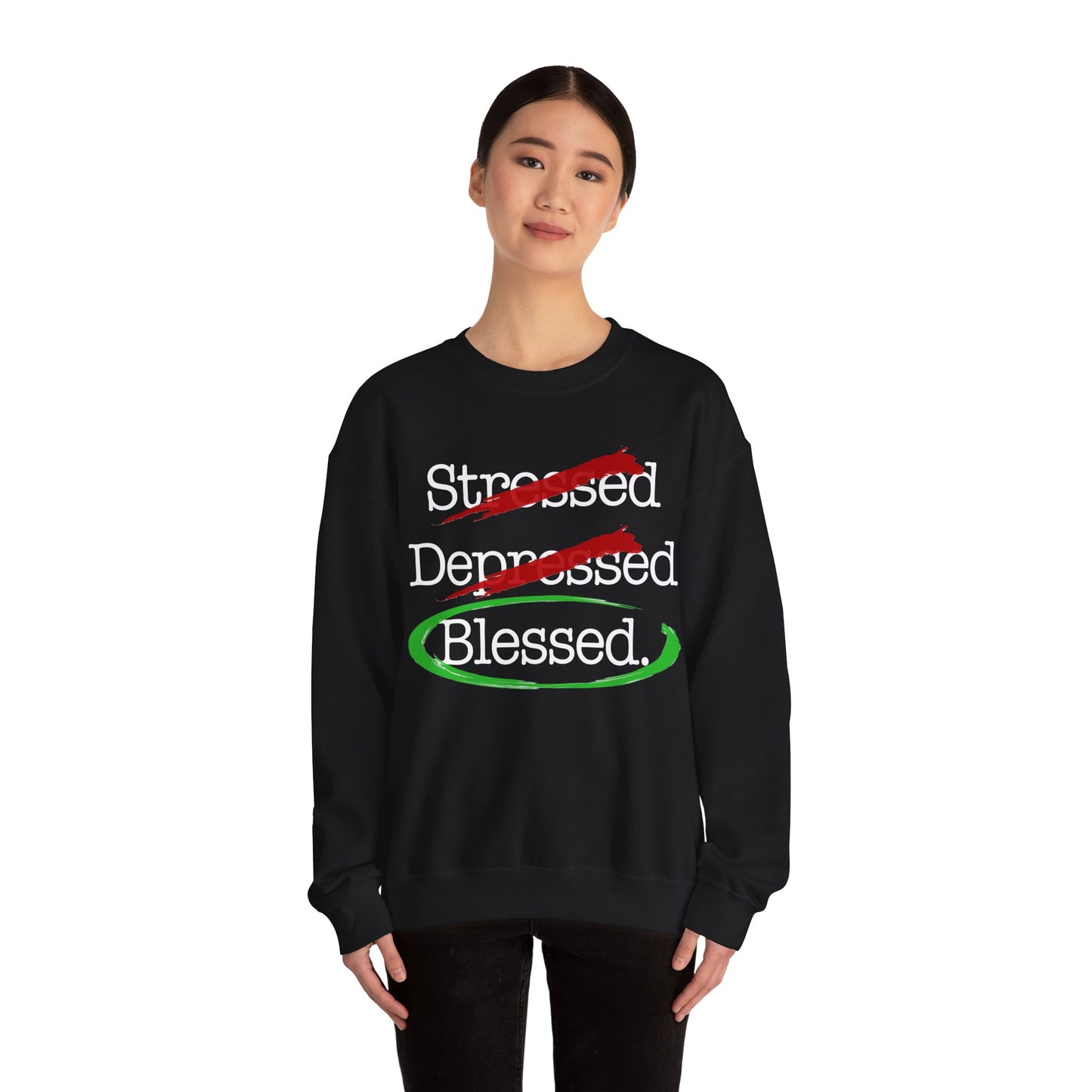 Stressed, Depressed, Blessed (Black) - Unisex Heavy Blend™ Crewneck Sweatshirt